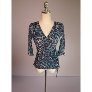 VTG Y2K Johnny Heaven Mesh Babydoll Top MED Blue Mob Wife Leopard Print Stretchy